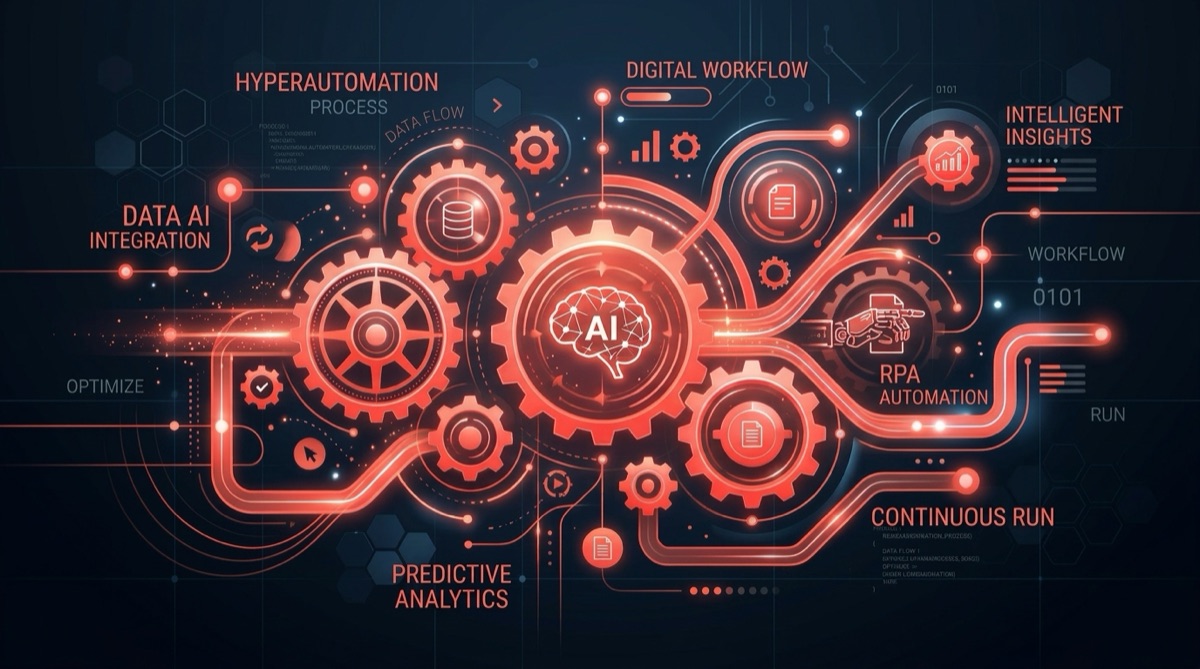 Illustration représentant l'hyperautomatisation, l'IA et la RPA au service de la productivité des PME pour 2027 - RUBICHAIN